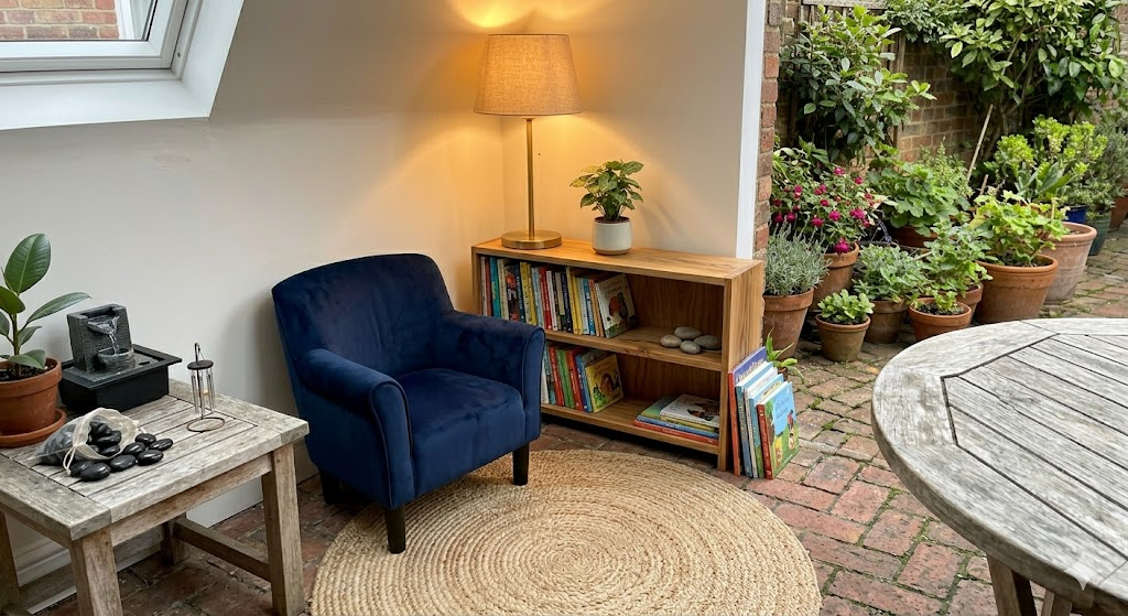 A cozy Feng Shui reading corner for a child. A soft, navy blue velvet armchair sits in a corner with a round jute rug beneath it. Low wooden bookshelves are filled with colorful books. A warm floor lamp casts a gentle glow. No clutter, just a peaceful, inviting space for a young reader.