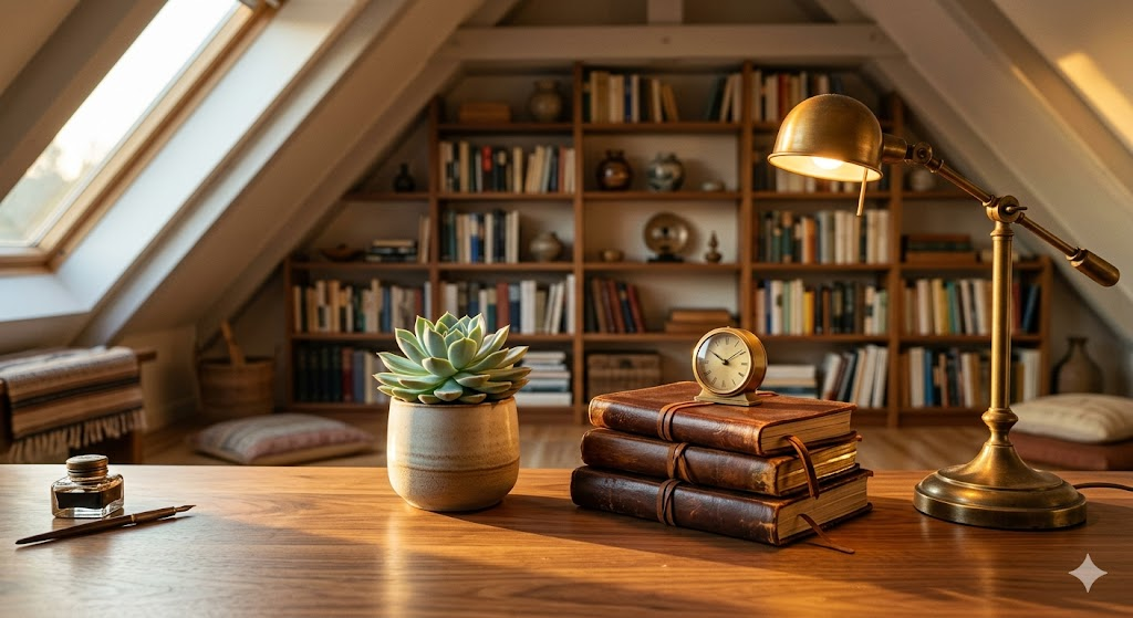 A close-up of a Feng Shui desk setup. A small succulent in a ceramic pot sits next to a stack of leather-bound journals. A brass lamp provides warm light. In the background, a soft-focus view of a clean, organized bookshelf. The lighting is golden hour, creating a sense of calm and high-authority wisdom.