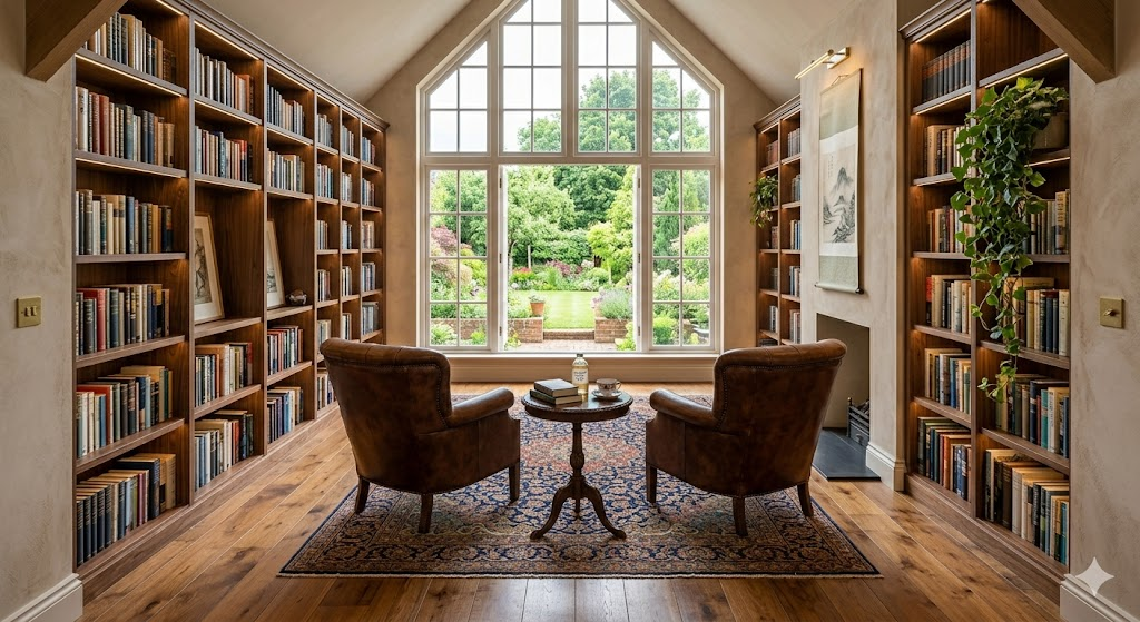 A grand yet cozy home library designed with Feng Shui principles. Tall wooden shelves are neatly organized with some empty spaces for 'breathing room.' A large window overlooks a green garden. Two comfortable armchairs face each other with a small round table between them. The floor is a warm hardwood with an antique Persian rug.