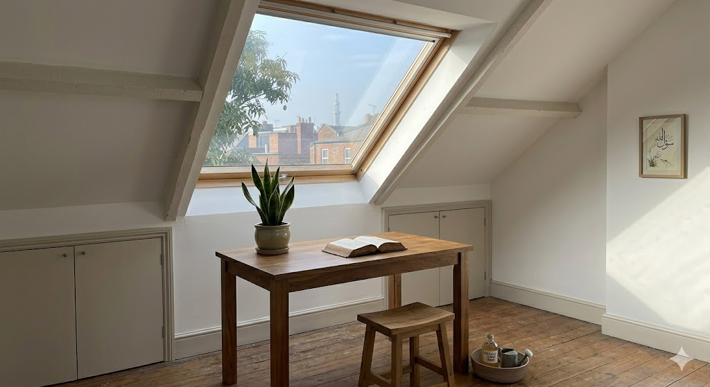 A wide-angle, realistic photo of a bright, minimalist attic room with white sloped ceilings, a large skylight letting in soft morning sun, and a wooden desk positioned at the highest point of the room. A single green plant sits on the desk.