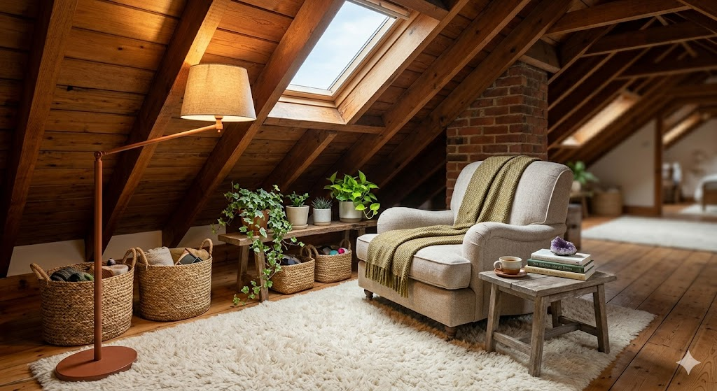 A cozy attic nook featuring a warm floor lamp casting light upwards against a slanted wooden beam ceiling. A plush cream-colored rug is on the floor, and the atmosphere feels airy and inviting.
