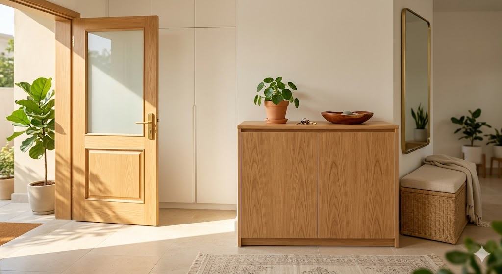 A wide-angle, high-resolution photo of a minimalist, modern entryway featuring a closed wooden shoe cabinet with a small green plant and a bowl for keys on top. Warm, natural sunlight streams through the door, creating a welcoming and peaceful atmosphere.