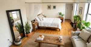 A bright, lived-in studio apartment viewed from above at an angle, showing a bed in command position with a leaning mirror reflecting a healthy snake plant, a tension rod with flowing sheer curtain defining the sleep zone, a low wooden coffee table with a citrine cluster, and a small tabletop fountain plugged into the wall. The scene is warm, inviting, and clearly renter-friendly—no nails, no paint, just clever, intentional arrangement that makes the space feel expansive and calm.