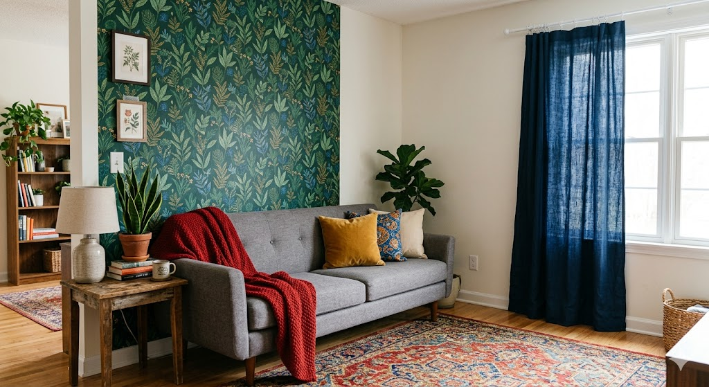 A cozy apartment living room corner where a renter has used a peel-and-stick removable green wallpaper panel behind a sofa, a red throw blanket, and a navy curtain hung from a tension rod, with natural light streaming in—showing a color-rich space with no paint.