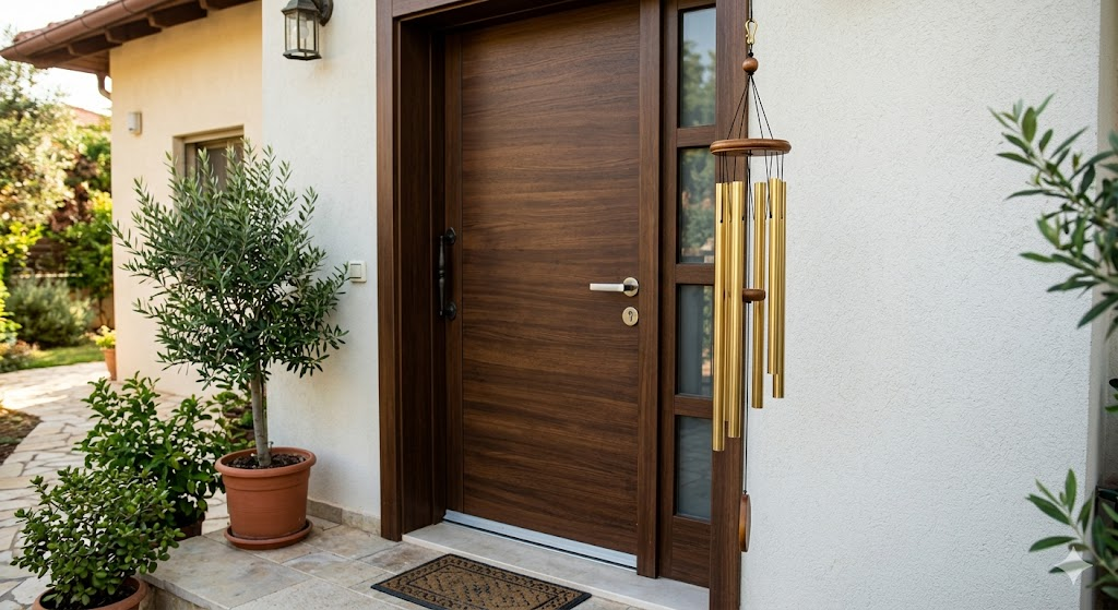 A close-up shot of a beautiful, clean main entrance door of a home. Hanging gracefully to the side of the door frame is an elegant metal wind chime with six hollow brass tubes. The sun highlights the metallic sheen of the brass, and a gentle breeze causes the chime to sway slightly against a clean, modern exterior wall.