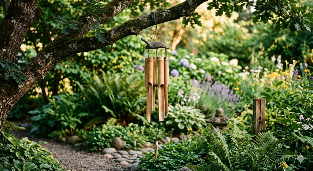 An outdoor garden sanctuary during a soft golden hour. A beautifully crafted bamboo wind chime hangs from the branch of an old oak tree. The background shows lush green ferns and soft focus garden flowers, capturing a natural, peaceful, and grounded atmosphere