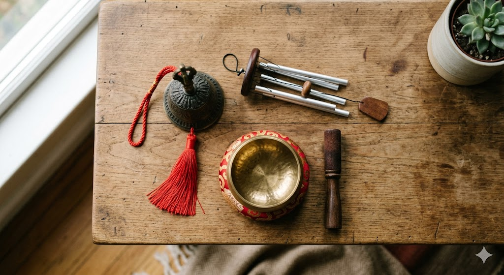 An overhead, stylized shot showing a variety of Feng Shui sound tools laid out neatly on a rustic wooden table: a bronze bell with a red tassel, a small set of aluminum wind chimes, a wooden mallet, and a polished singing bowl, arranged in a clean, balanced layout.