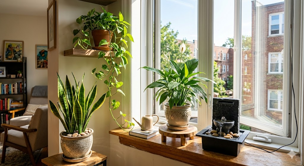A sunny apartment windowsill with a cluster of snake plant, pothos cascading from a shelf, and a peace lily on a wooden stand, with a small plug-in water fountain next to them—illustrating an easy renter plant setup.