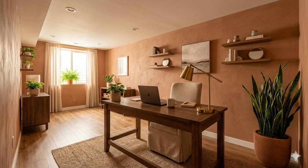 A beautifully balanced modern basement home office showing the intentional mix of elements. Soft warm lighting illuminates earthy clay-toned walls, a sturdy wooden desk sits in the commanding position, and a healthy snake plant is placed in a corner. The space feels bright, warm, and inviting, completely defying the typical dark, underground basement aestheti