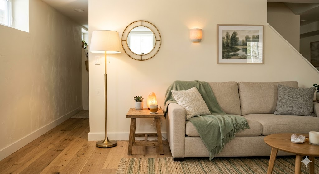 A close-up view of a basement sitting area showcasing an expert balance of elements. A warm cream wall is accented by a soft sage green throw blanket on a light fabric sofa. A small, elegant metallic floor lamp stands next to a wooden side table, illustrating the harmonious blend of wood, fire, and metal elements in an underground space.