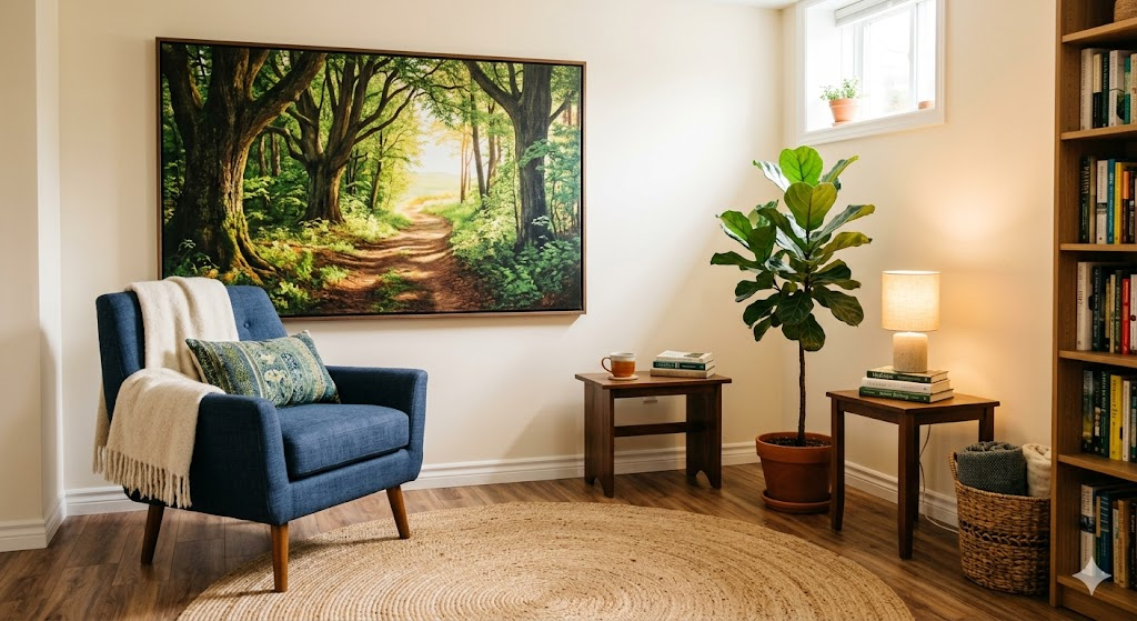 A stylish basement reading nook featuring an oversized canvas art piece depicting a bright, sunlit forest path stretching toward the horizon. A round jute rug sits on the floor beneath a minimalist armchair, creating a sense of openness and expansive natural depth