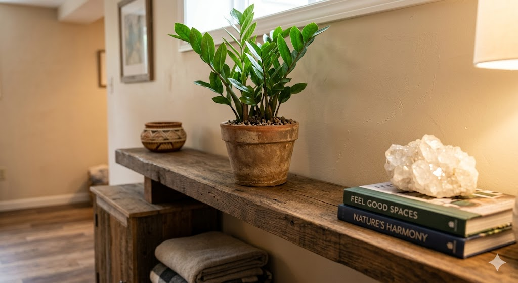 A close-up of a rustic wooden shelf in a basement room. On the shelf sits a vibrant green ZZ plant in a terracotta pot, a sparkling chunk of raw clear quartz crystal reflecting warm ambient light, and a neatly stacked pair of hardback books