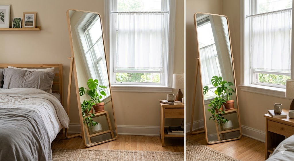 A small apartment bedroom with a leaning floor mirror placed at a slight angle so it doesn’t directly face the bed, showing a reflection of a thriving plant and a window, with a tension rod curtain behind it—demonstrating a renter-safe mirror solution.