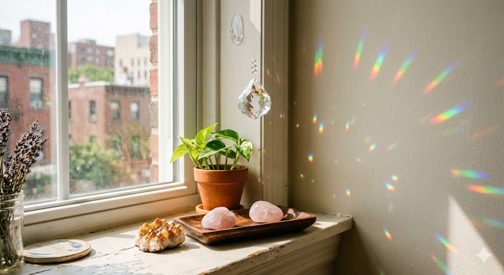 A close-up of a renter’s window sill with a small citrine cluster, a rose quartz pair on a wooden tray, and a clear quartz suncatcher hanging from a removable adhesive hook, with rainbows cast on the wall.