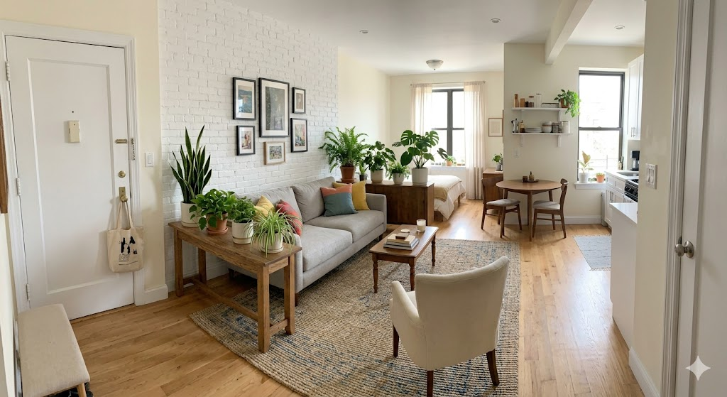A small studio apartment with a sofa placed against a wall, a console table with plants behind it creating a protective barrier, a rug defining the living zone, and a clear, open pathway from the front door—illustrating renter-friendly furniture flow.