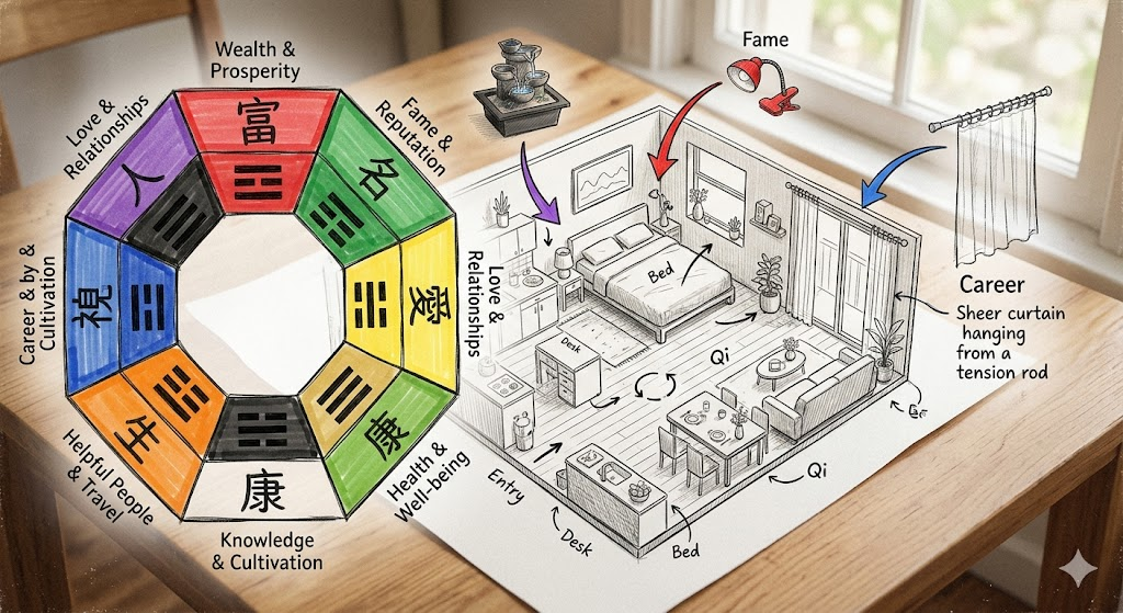 A hand-drawn bagua map superimposed over a photo of a small apartment floor plan, with renter-friendly objects like a tabletop fountain, clip-on red lamp, and a tension rod curtain marked with arrows pointing to their corresponding areas.