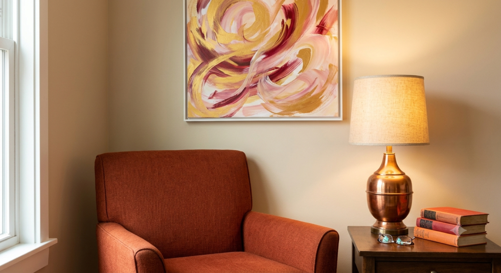 This cozy reading nook features a deep rust-orange armchair and abstract art with swirling gold, crimson, and pale pink, evoking the sun. A polished copper lamp adds warm light, creating an inviting space full of positive energy.