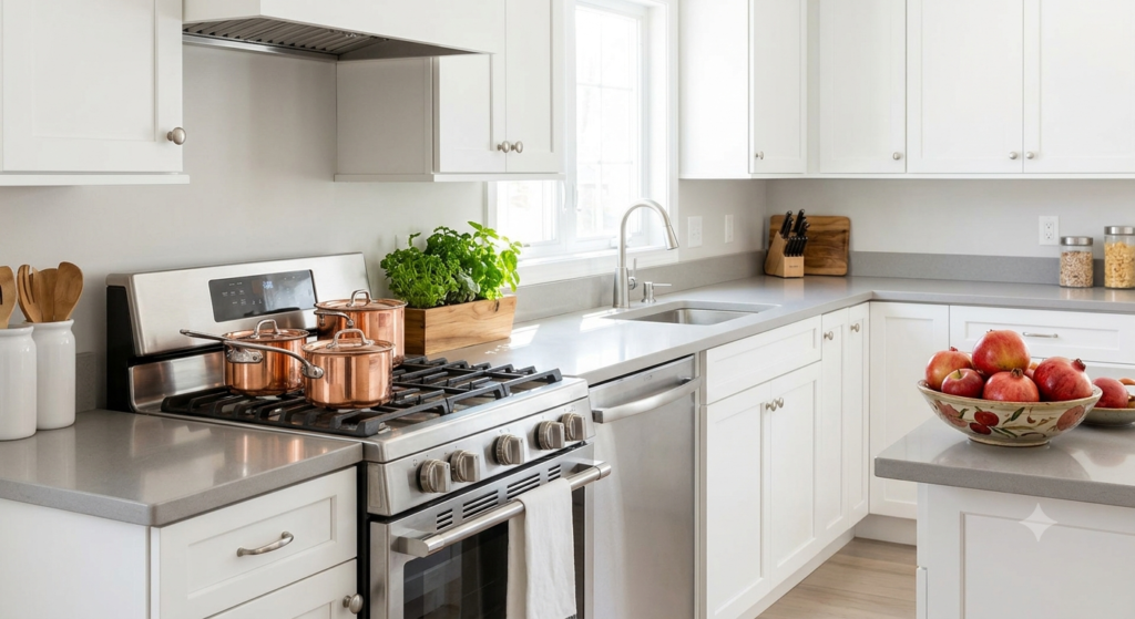 This bright, airy kitchen has a clean stove with copper pots. A small, vibrant green herb garden and a bowl of red apples provide natural warmth, balancing the active fire energy of the appliances.