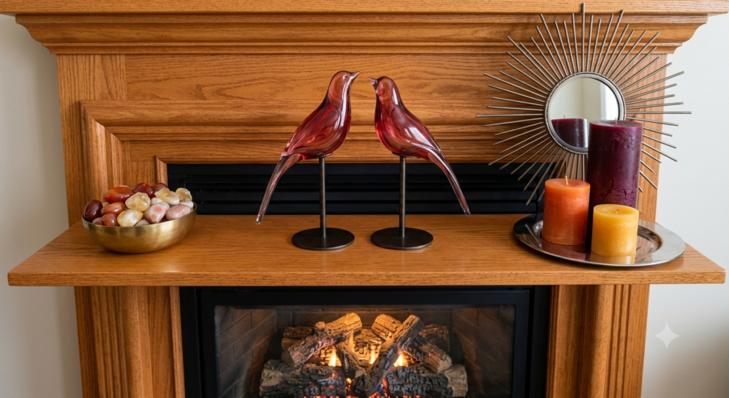 This close-up of a modern fireplace mantel is a powerful display. At the center is a pair of red-tinted glass birds. To the left are tumbled carnelian and citrine. To the right, a set of warm burgundy and orange candles sits on a tray next to a sun-like starburst mirror. The entire setup feels energetic yet organized.