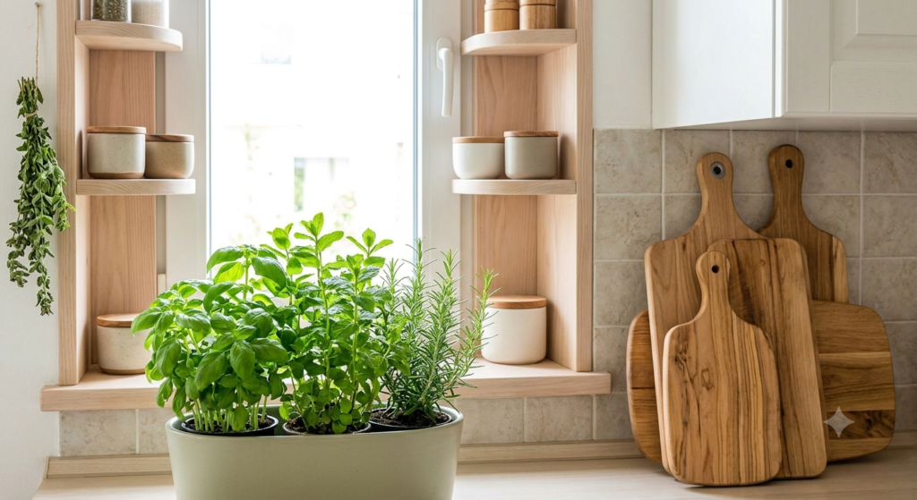 The next photo shows a kitchen that feels alive and productive. Look at the natural light, the green herbs on the counter, and the collection of beautiful, worn wooden cutting boards. This kitchen supports vitality through simple, natural elements.