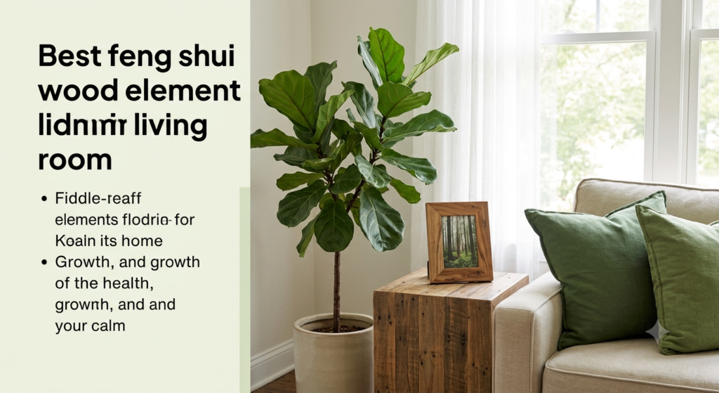 this photo, we see a perfect East-facing corner of a living room. A large, thriving fiddle-leaf fig tree sits next to a reclaimed wood side table, holding a simple photo of trees. It's calm, simple, and full of good energy.