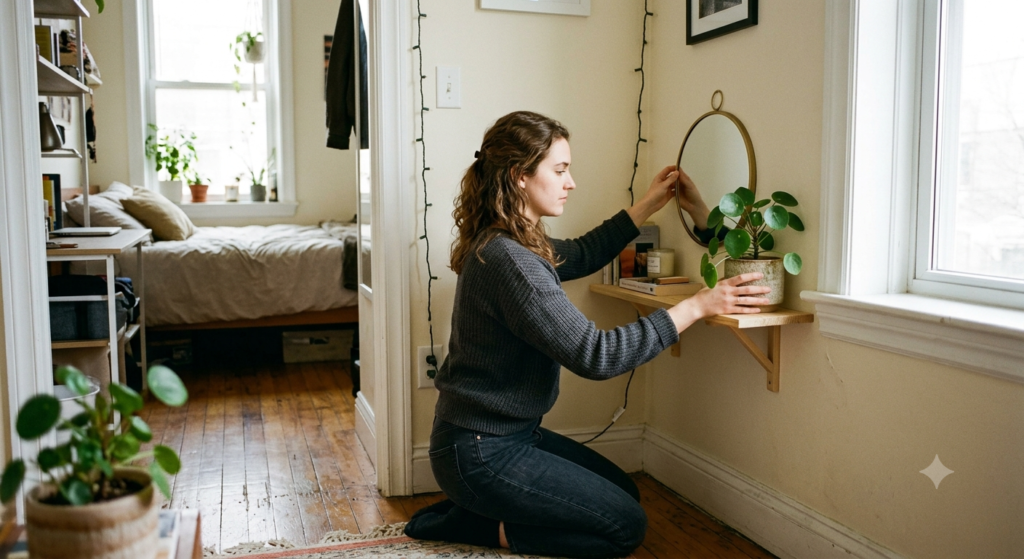 A renter arranging a small mirror and a plant in the corner of a narrow L-shaped studio apartment, candid mid-action shot, natural window light, documentary style