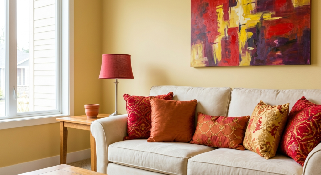 This image shows a living room with well-placed color accents like a warm yellow wall, and pillows in rich red, burnt orange, and gold. The overall feeling is cozy and social.