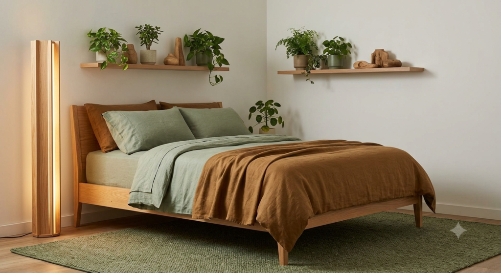 This photo of a calm bedroom shows a natural wood bed frame with soft sage green and caramel-colored bedding. Notice the light fixture and the simple, thriving plant; all work together to create a space that feels calm and full of possibility.