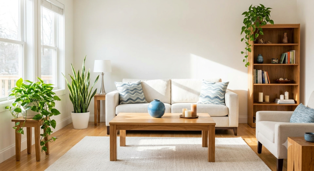 This final photo shows a complete room. See how the elements work together? The vibrant green plants and wood furniture (wood) are balanced by soft blue curtains (water) and a nice, light, open feeling. This room feels alive, healthy, and perfectly balanced.