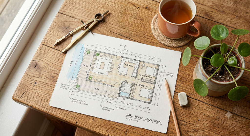 Close-up flat-lay of a hand-drawn floor plan sketch on a wooden desk with a compass, small potted plant, and cup of tea beside it, warm natural lighting, lifestyle photography