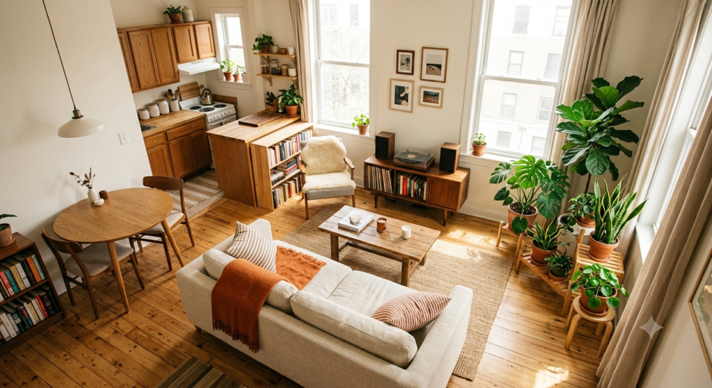 A cozy, sunlit small apartment living room shot from a high angle showing the full floor plan, warm natural wood tones, plants in the wealth corner, soft editorial photography style, no visible text
