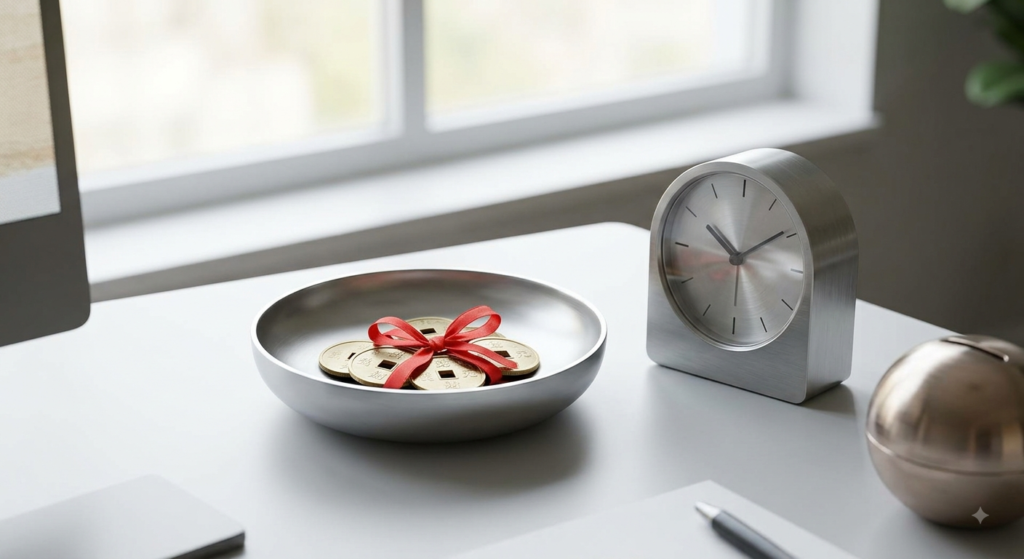 An organized modern desk utilizing Metal elements like a round silver bowl and brushed metal objects for wealth activation.