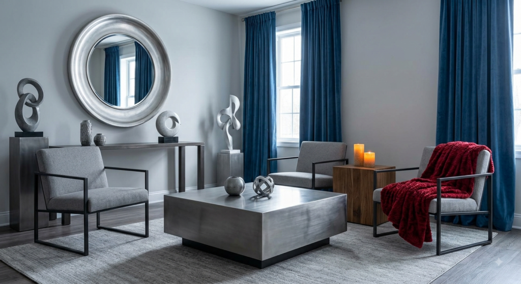 An illustrative wide shot of a room with an excess of cold Metal, balanced by a warm red throw and a cozy Water-like texture.