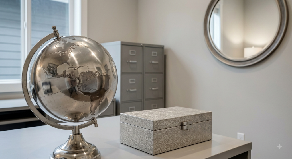 An organized desk activating the Helpful People sector with a metallic globe and a textured silver box.