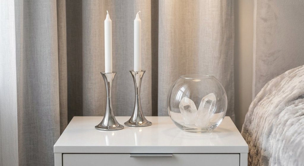 Modern paired metal candle holders and crystals on a serene nightstand, activating focused clarity in love and communication.
